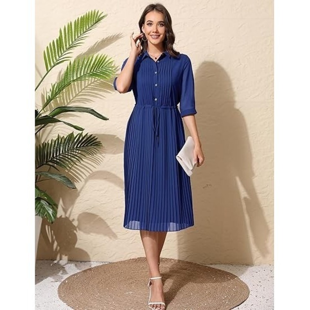 NWT Women V Neck 3/4 Sleeve Pleated A-Line Midi Dress w/Belt - Royal Blue SZ L - Picture 2 of 3